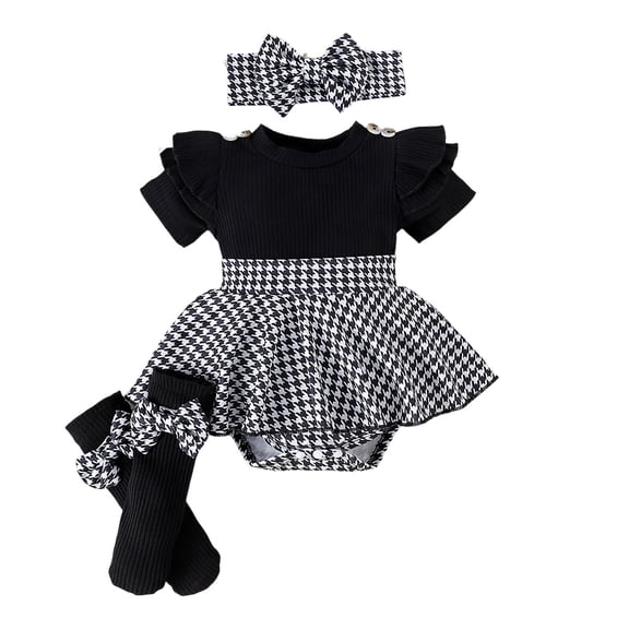 RMGVDSD Baby Girl Holiday Outfit Short Sleeve Plaid Skirt Romper Dress Headband Socks Set Classic-Fit Spring Summer Clothes 9-12 Months