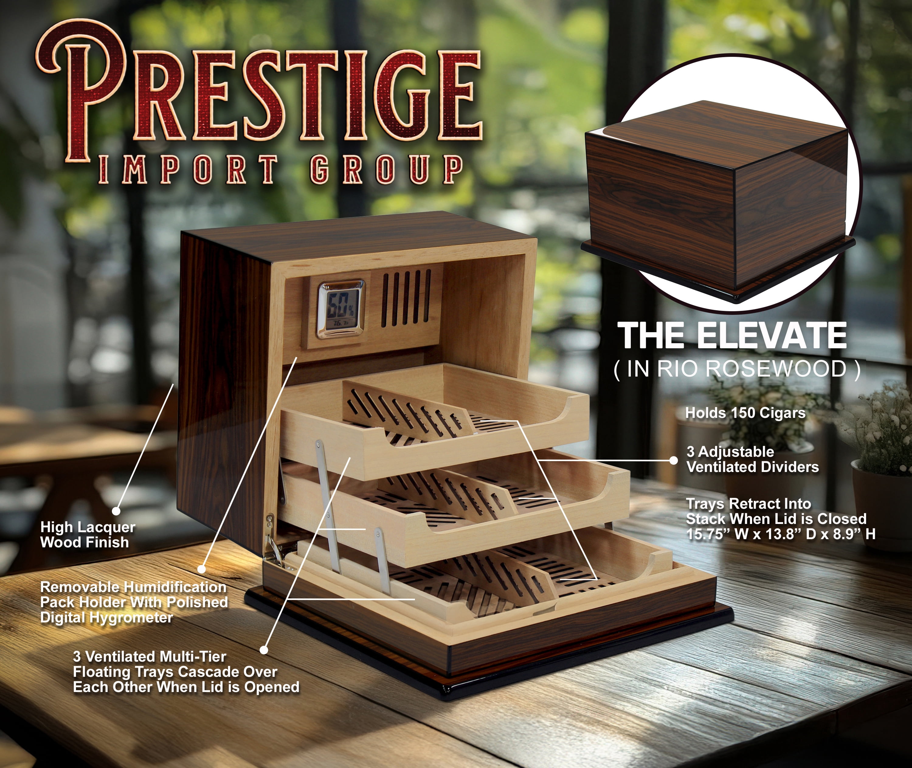 Prestige Import Group Elevate Lacquer Humidor w/ Articulating Multi-Tier Tray System - Capacity: Holds up to 150 Cigars - Rio Rosewood Finish