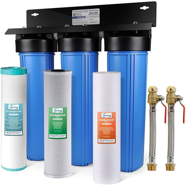 iSpring WGB32BM+AHPF12MNPT16X2, Sistema de Filtro de Agua para Toda la Casa en 3 Etapas con Reducción de Hierro y Manganeso y Conectores de Manguera Push-Fit de 3/4 Pulgadas
