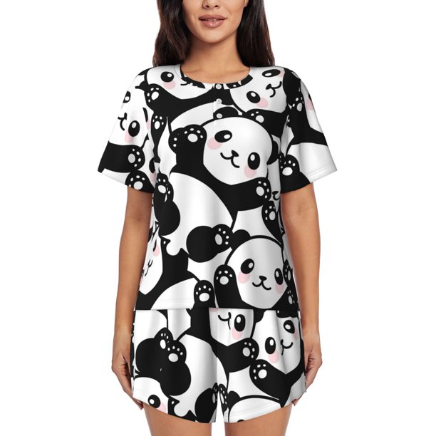 Balery Seamless Pattern Cute Panda Conjunto de Pijama para Mujer con Estampado, Dos Piezas de Manga Corta y Shorts, Ropa de Dormir Suave con Cuello Redondo y Bolsillos-3X-Large