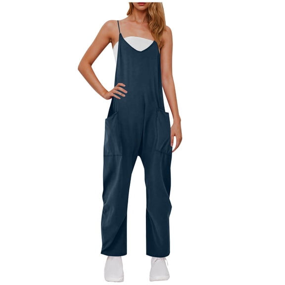 Womens Suspender Jumpsuits Fashion Solid Color Sleeveless Baggy Comfy Bib Overalls Wide Leg Pants with Pockets Navy 3X-Large