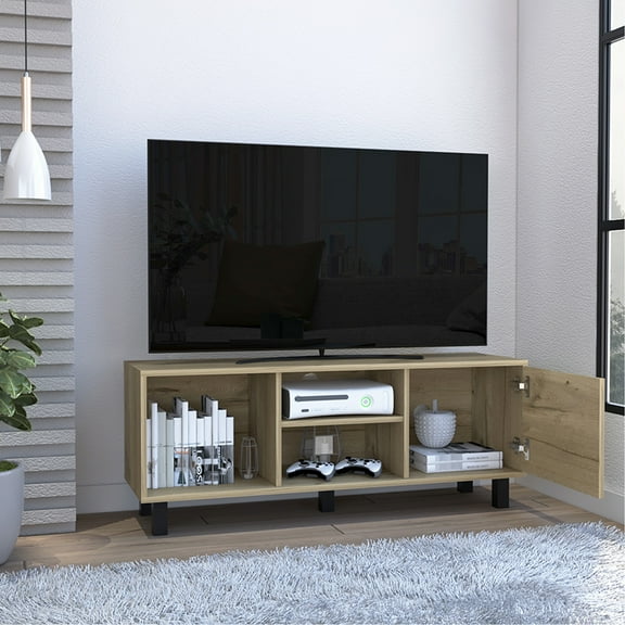 Tv Stand For 40 - 49" Televisions, Oak Setup With Three Open Shelves And One Cabinet Tv Assemblages,