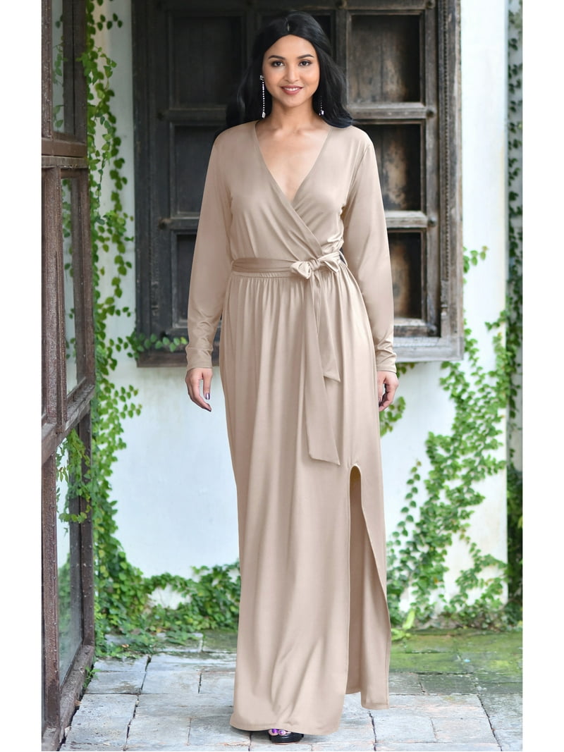 blue dress for baby girl Nude Pink Plunging Ruched Empire Slit Floor Length Bridesmaid Dress main image 1