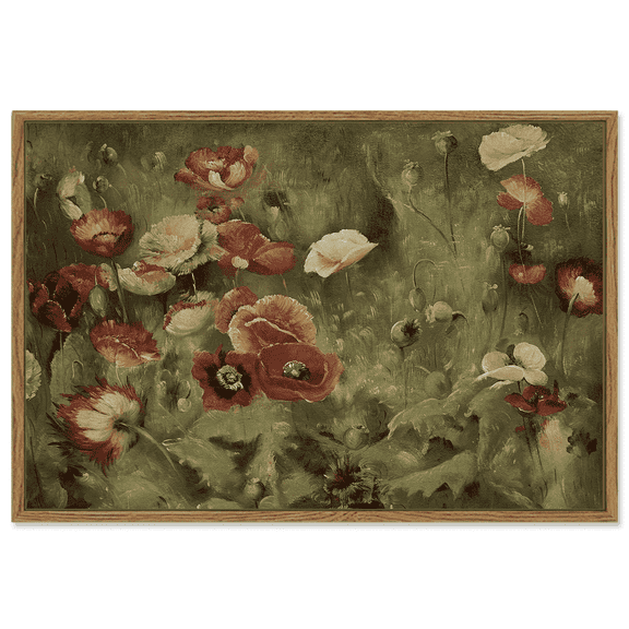 Drsoum Poppy Floral 16x24in Large Vintage Classical Canvas Framed Wall Art Home Decor for Bedroom Living Room - Natural Framed