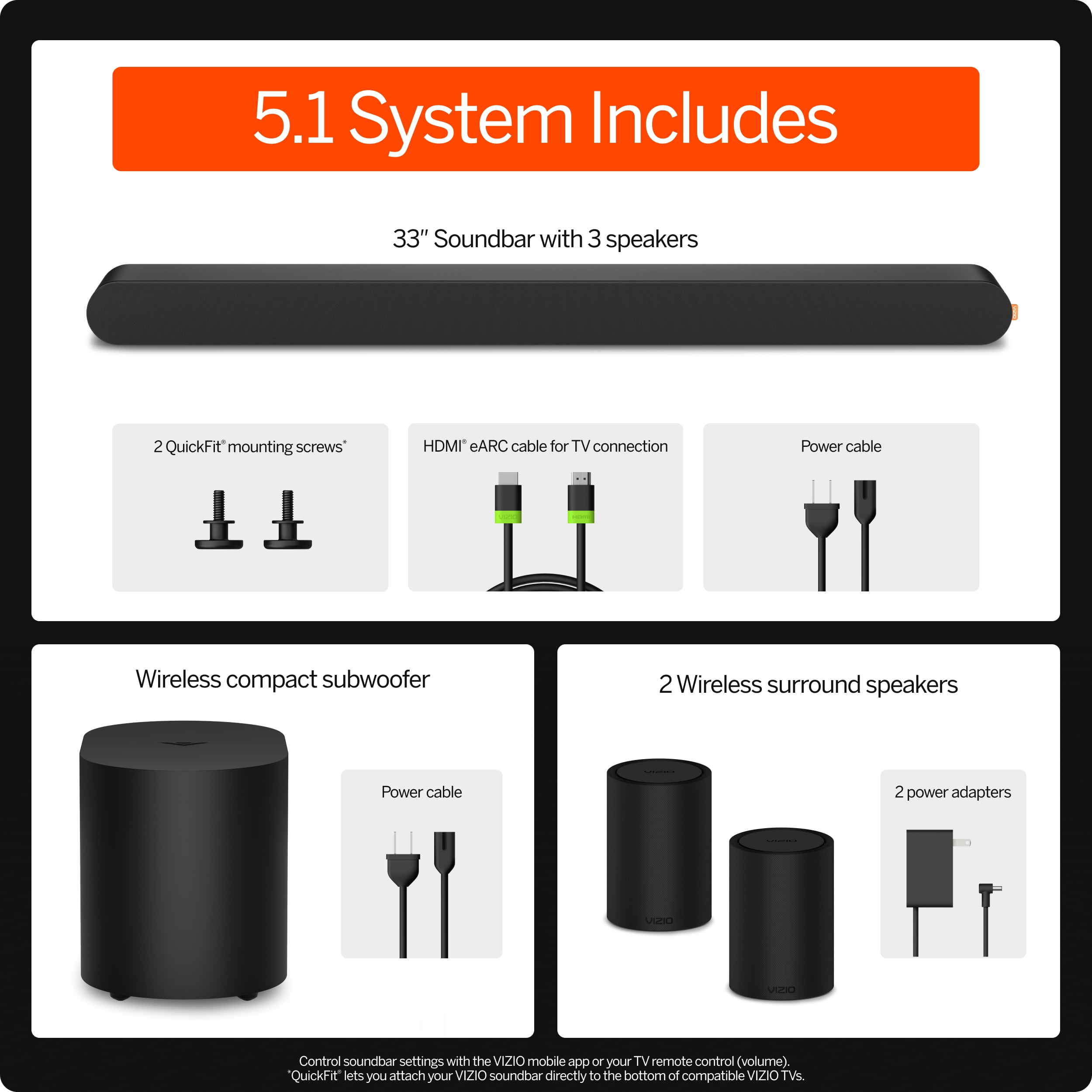 Vizio SV510XW 5.1 Soundbar with Dolby Atmos, Wireless Surround Speakers, Compact Subwoofer