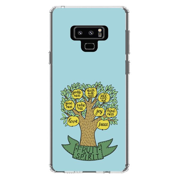 DistinctInk Clear Shockproof Hybrid Case for Samsung Galaxy Note 9 - TPU Bumper, Acrylic Back, Tempered Glass Screen Protector - Fruit of the Spirith - Tree - Yellow Teal