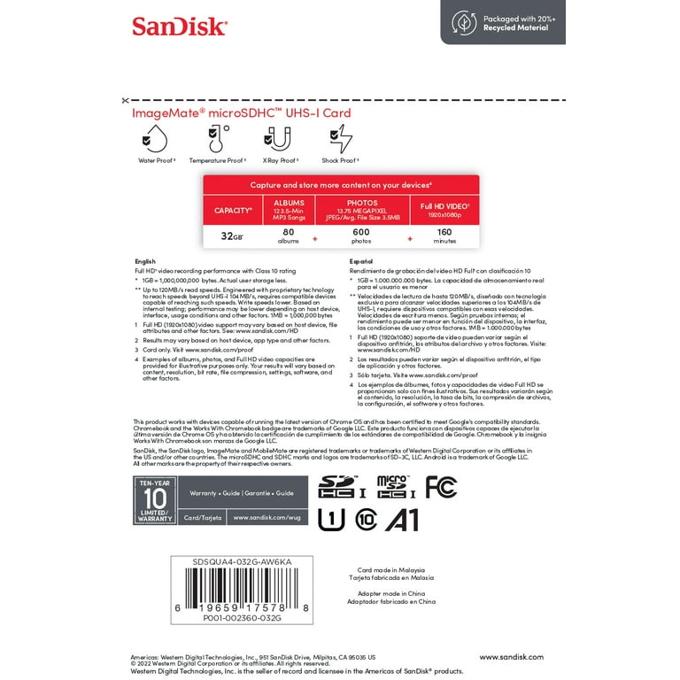 SanDisk Ultra microSDHC 32 Go + Adaptateur SD (SDSQUA4-032G-GN6TA