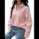 thumbnail image 3 of Suéteres Casuales con Cuello en V y Larga para Mujer, con Cremallera de un Cuarto, de Punto Holgado, con Bloques de Color y Cuello en V, para Otoño. Rosa XL, 3 of 8