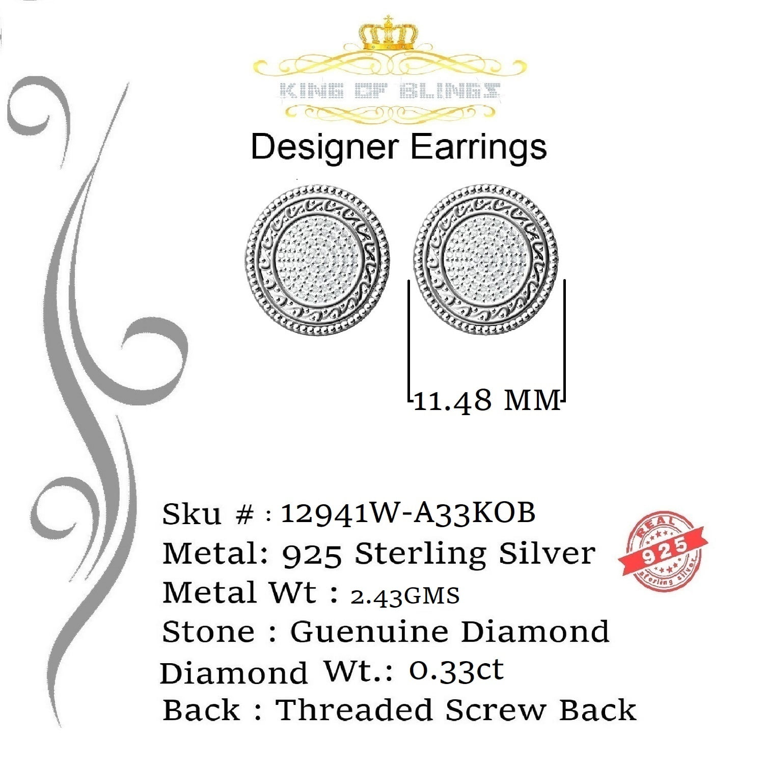 King of Bling's 925 Sterling Silver White Hip Hop 0.33ct Diamond Men's/ Women's Stud Earrings