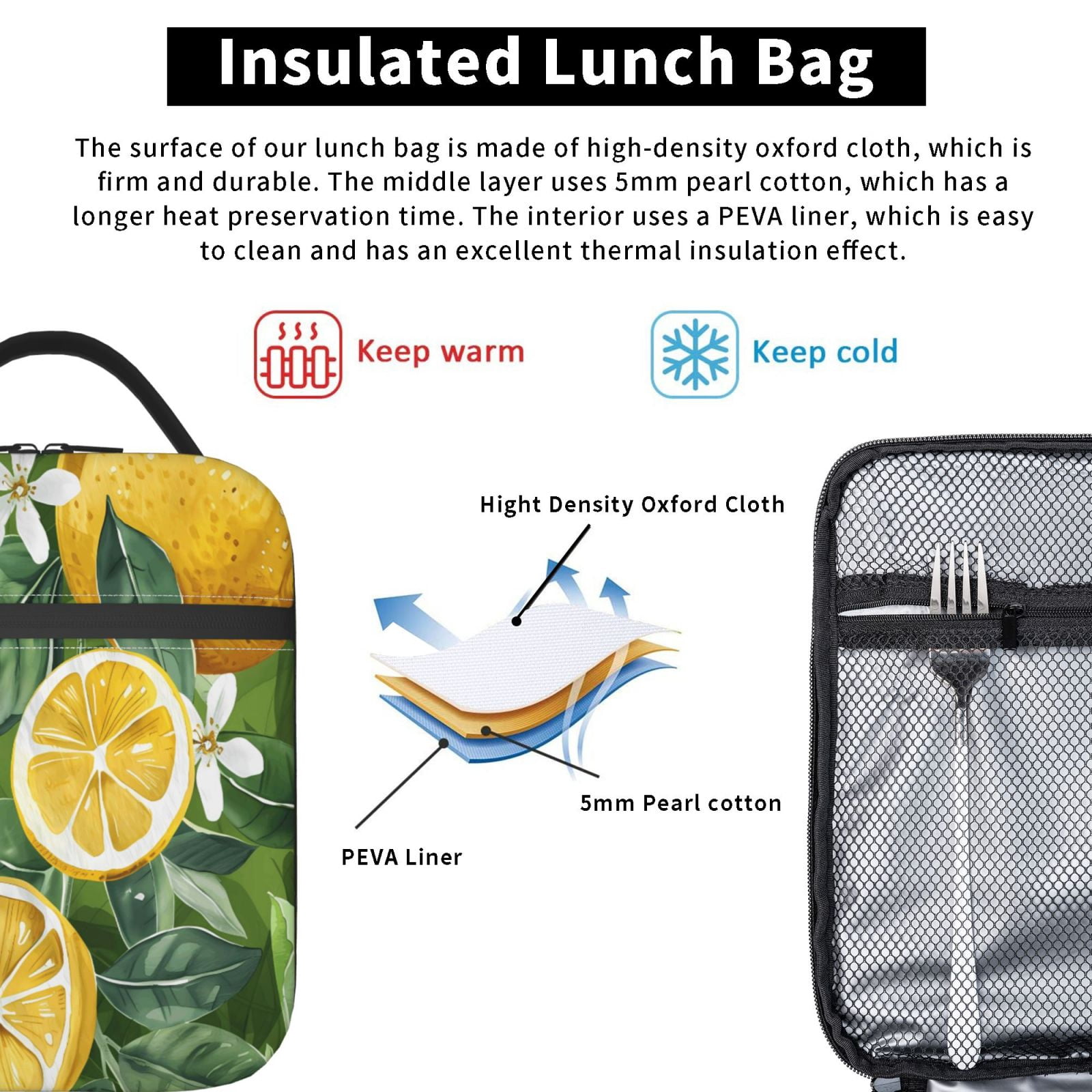 Lunch Bag For Women Men Insulated Portable Lunch Box Bento Box Office Picnic Travel Cooler Bag Lemon And Leaves (4) (1)