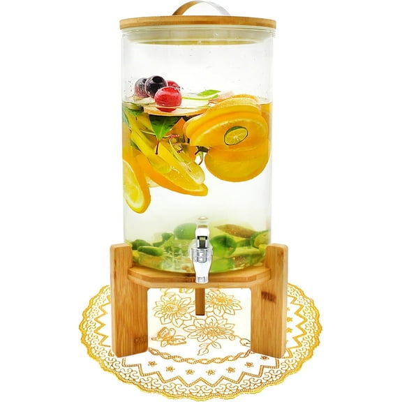 2 Gallon Drink Dispenser for Parties, Glass Beverage Dispenser with Wood Stand and Spigot, Lemonade, Tea, Juice Dispenser Daily Use