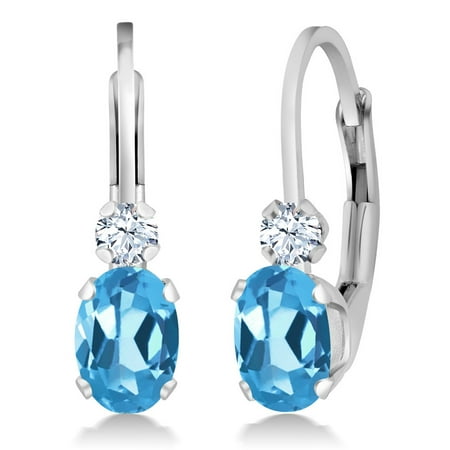 Blue Topaz Leverback Gem Earrings - 1.18 Ct Oval Swiss Blue Topaz White Created Sapphire Silver Leverback Earrings
