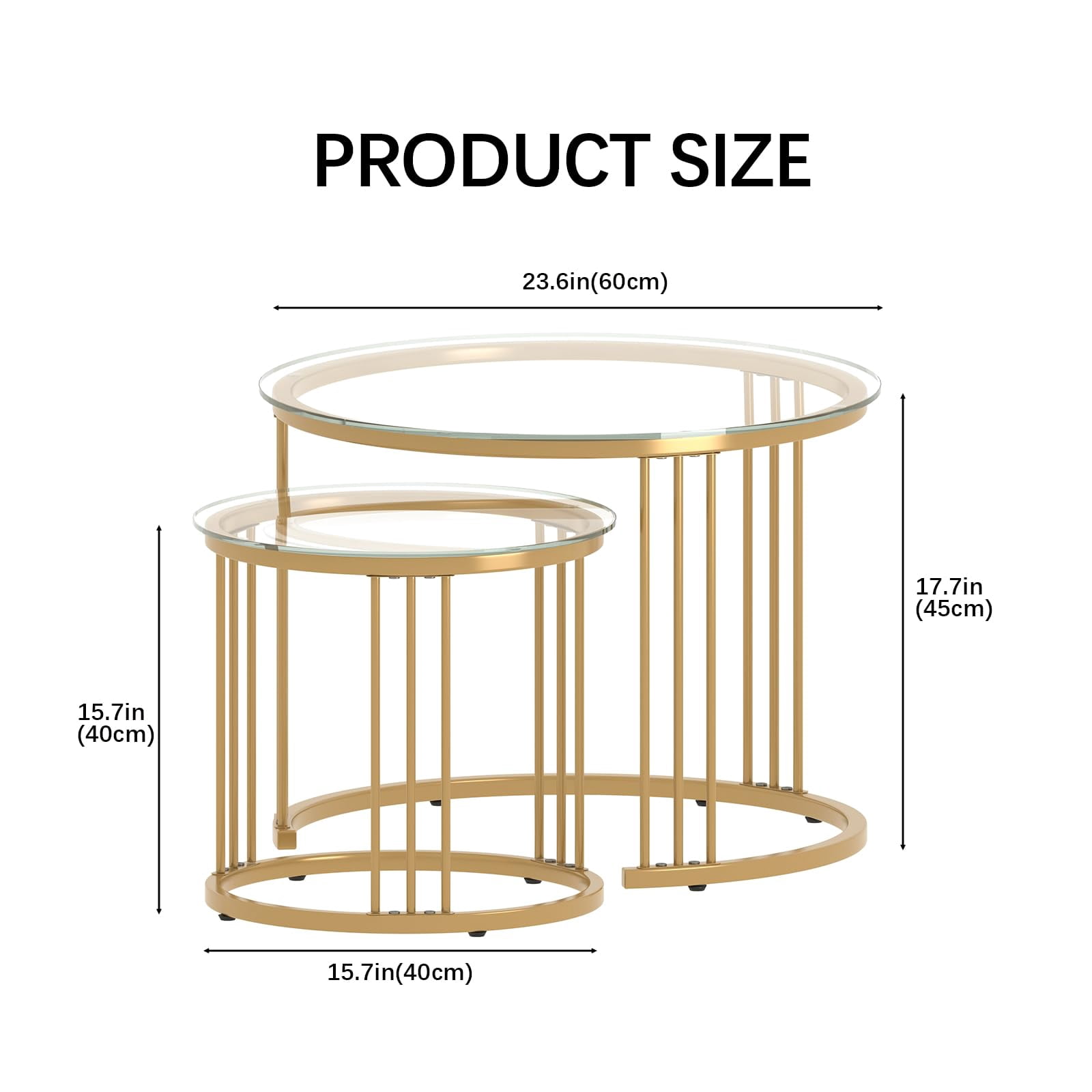 Nesting Coffee Table, 23.6" Round Coffee Table Set of 2, Glass Nesting Table with Metal Frame, Ceter Tables for Living Room Bedroom Balcony, Gold