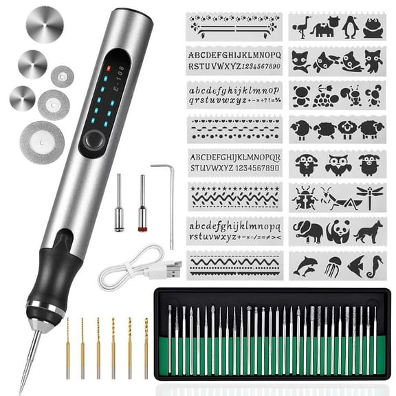 Wiher Electric Engraving Pen Kit with 42 Bits, Mini Electric DIY Engraver Cordless Rotary Tools Portable Engraving Tool for Jewelry Wood Metal Stone Plastic Glass Etching (Silver)