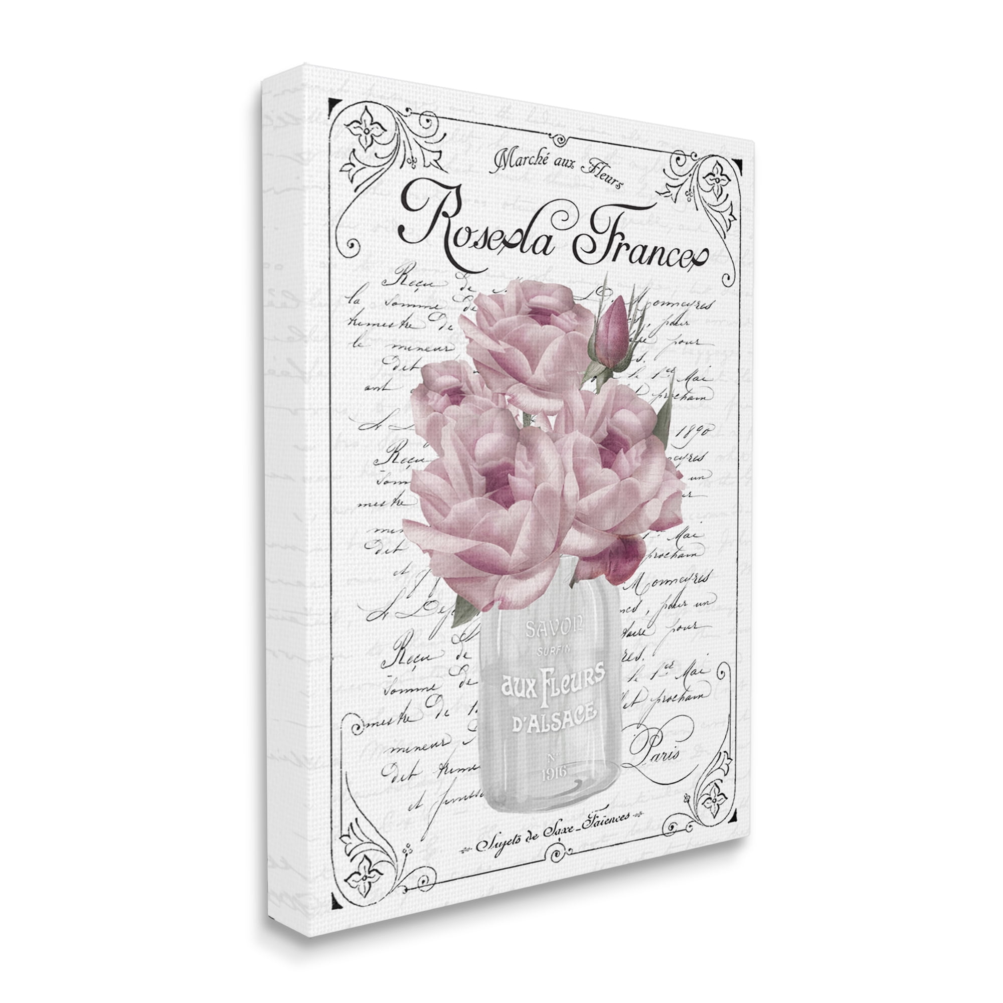 Stupell Industries Pink Roses Bouquet French Words Fancy Script Background Graphic Art Gallery Wrapped Canvas Print Wall Art, Design by Lettered and Lined