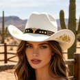 thumbnail image 6 of RUINIXCW Western Cowboy Hat for Men Women Cowgirl Hat Felt Wide Brim Fedora Hat with Bull Head Belt Floral Embroidery Roll Up Jazz Hat Themed Party Cap Wedding Festival Costume, 6 of 9