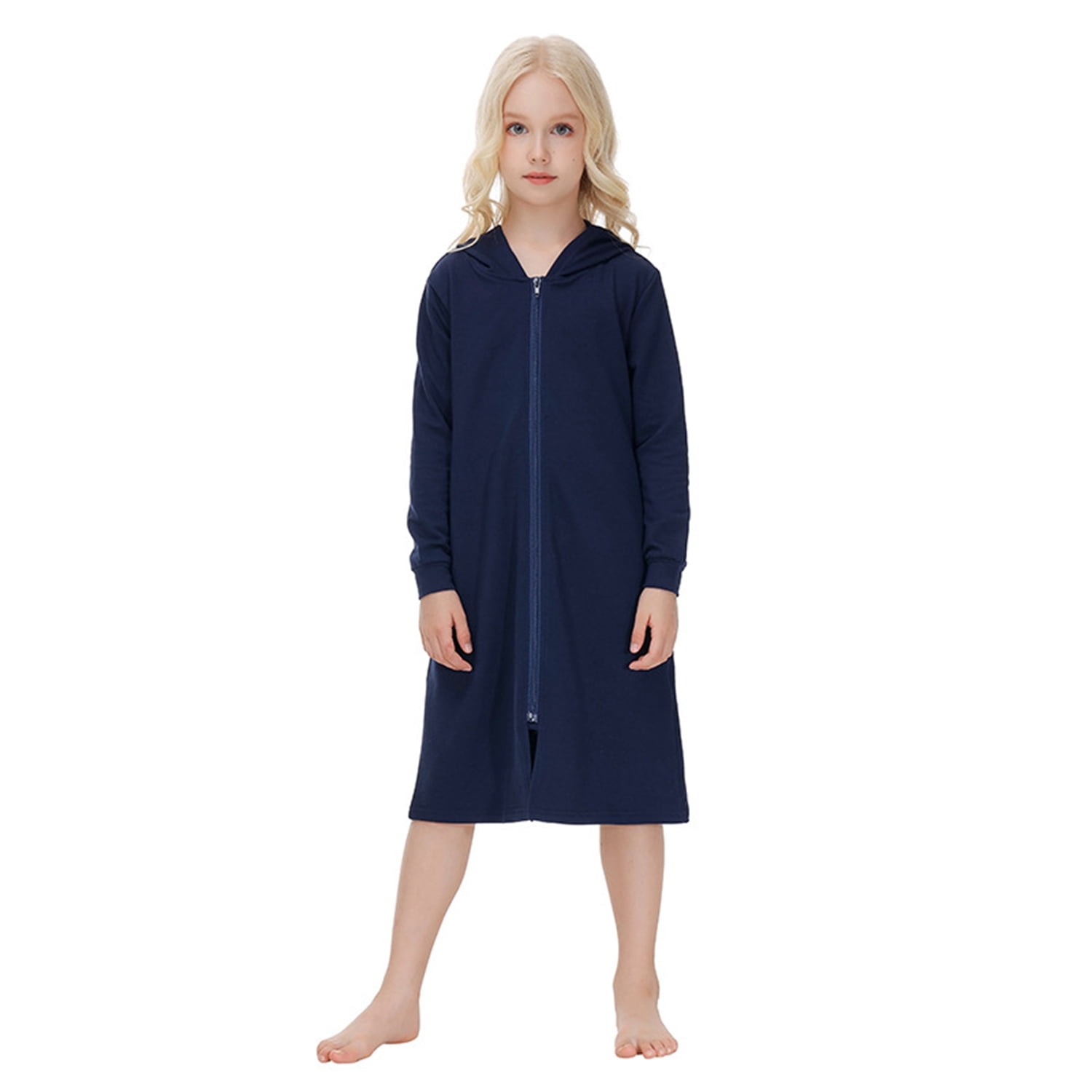 Girls Zipper Front Robes Long Sleeve Hooded Housecoat Long Housedress