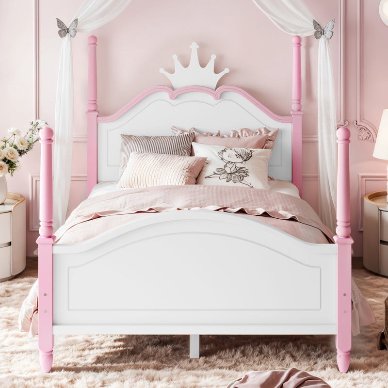 Full Size Kids Low Profile Platform Bed, Curved Footboard Four Poster Bed, Wooden Princess Bed Frame with Crown Shaped Headboard