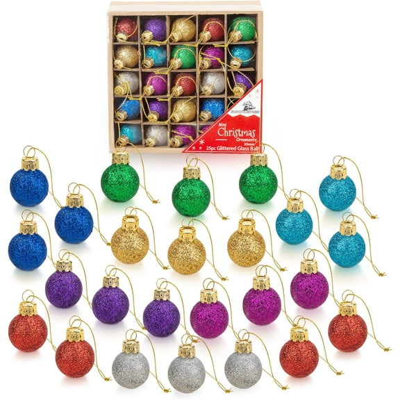 NorthPoleXpress Multicolor Mini Glitter Glass Ball Christmas Ornaments, 1 Inch, Set Of 25