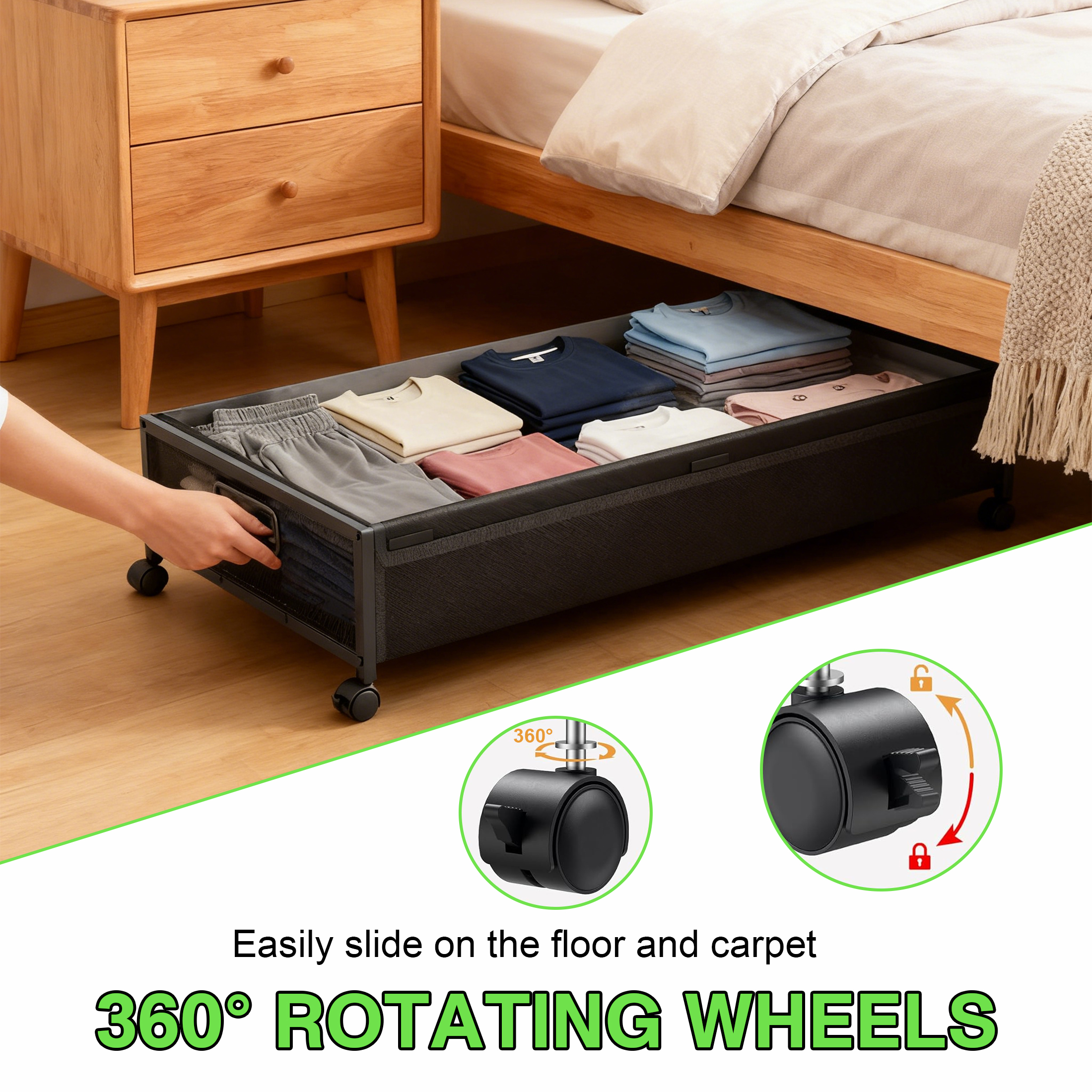 cisilov Under Bed Storage Containers with Wheels, 2 Pack Underbed Shoe Storage Organizer with Clear Lids, Rolling Under Bed Metal Drawers for Clothes, Blankets, Black