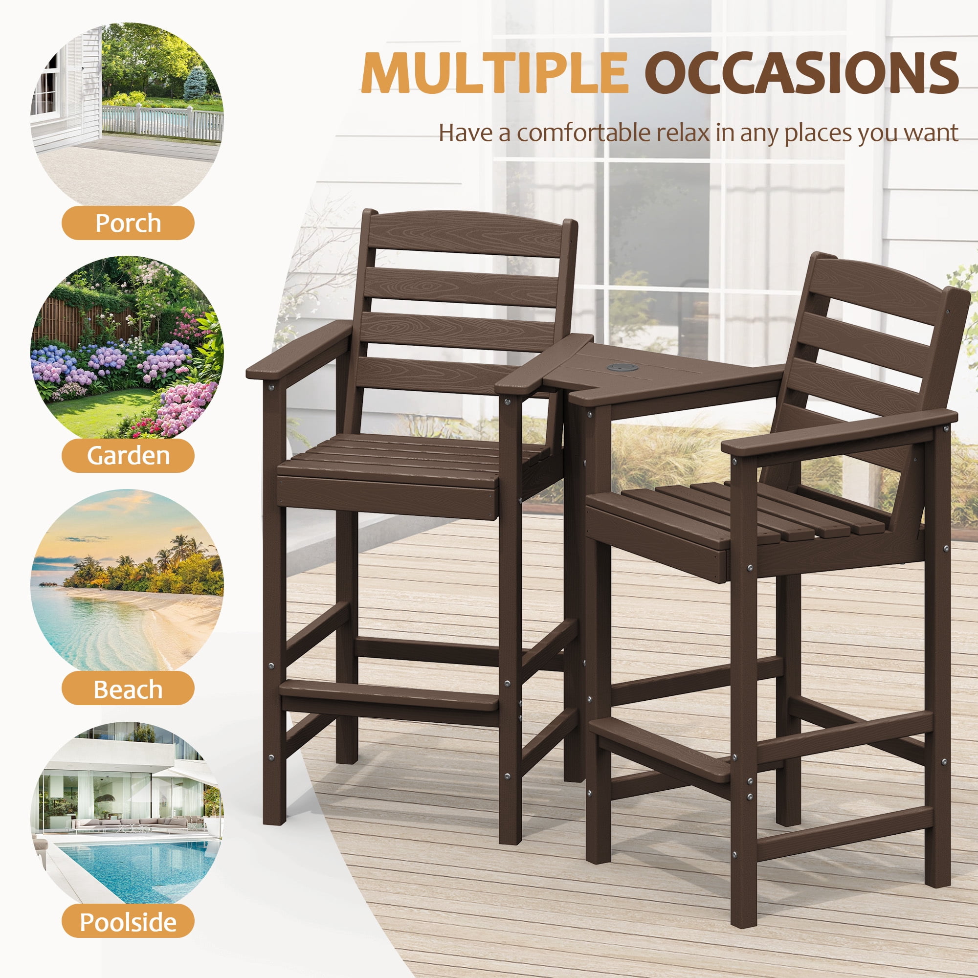RIAFUN HDPE Height Bar Stools Set of 2 with Removable Connecting Table, Weather Resistant Outdoor Tall Adirondack Chairs with Umbrella Hole for Patio, Poolside, Garden, Coffee
