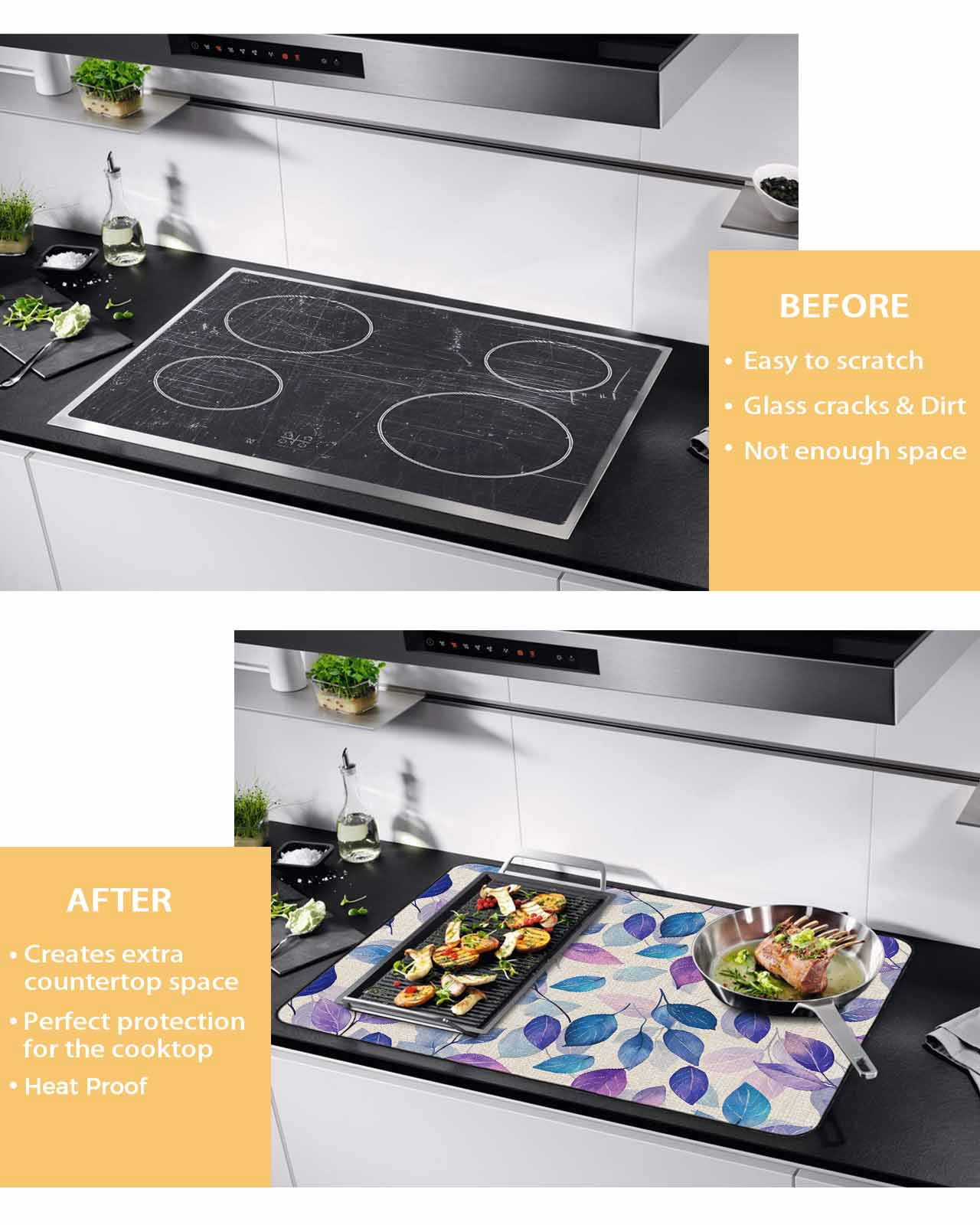 nqOlkjepod Large Induction Cooktop Protector Mat 24"x21", Blue Purple Leaves Stove Top Covers for Electric Stove, Botanical Abstract Color Retro Plants Stove Burner Cover Mats, Glass Top Stove Cover