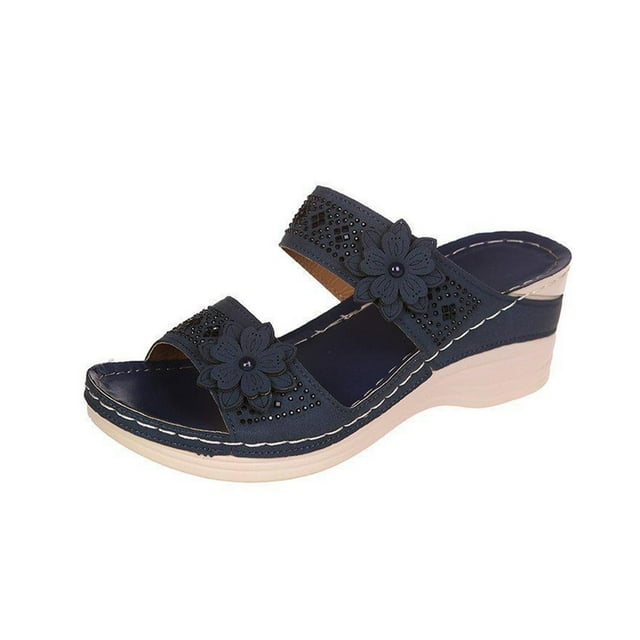 Wedge Sandals for Womens Slide Sandals Double Straps Flower Decor Rhinestone Open Toe High Heel Non Slip Summer Sandals Navy