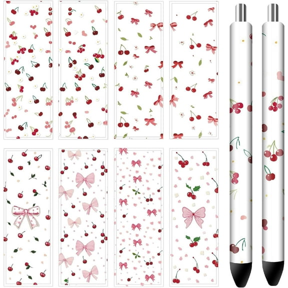 48Pcs UV DTF Pen Wraps Transfer Decal 8 Styles Bowknot Cherry Textured Background 4.7×1.6in HD Print Waterproof Coated Paper Stickers for diy making