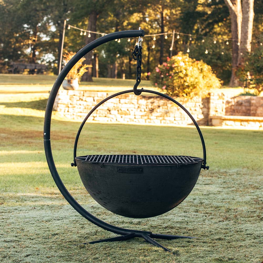 Ash & Ember 42" Cast Iron Cauldron Fire Pit Bowl with Double Hinged Grill Grate-Easy-Lift Handles & Handing Chain, Round Wood Burning Patio Fire Bowl for Backyard Patios