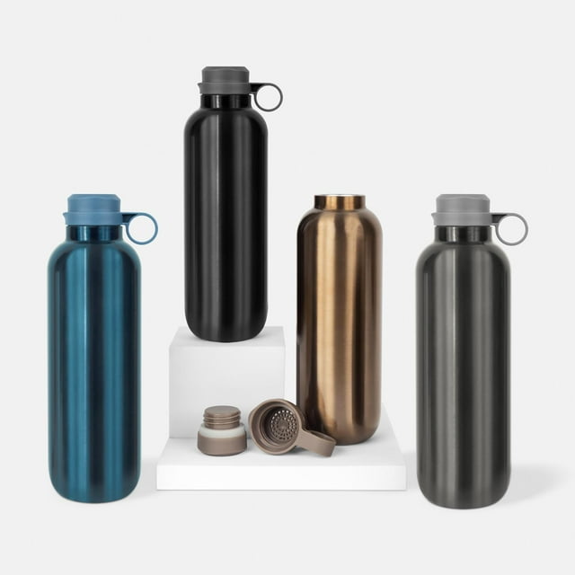 Termo metálico con doble pared, filtro para infusiones y acabado brillante negro 8.9 x 24 x 7.5