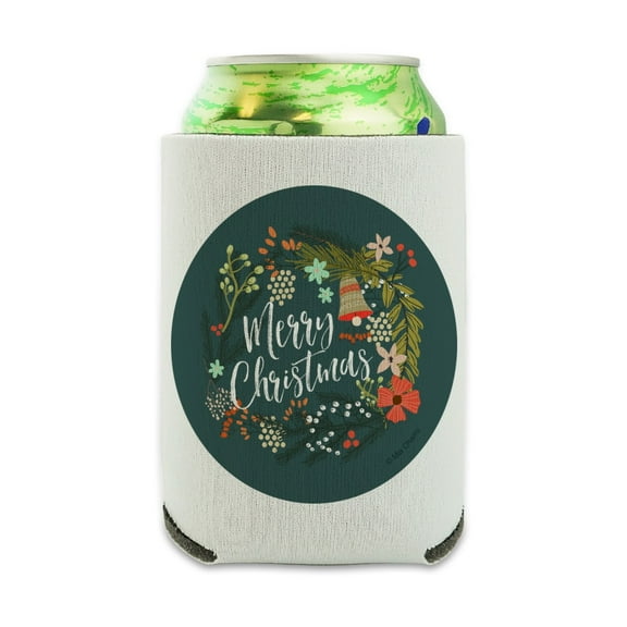 Merry Christmas Wreath Mistletoe Bell Can Cooler - Drink Sleeve Hugger Collapsible Insulator - Beverage Insulated Holder