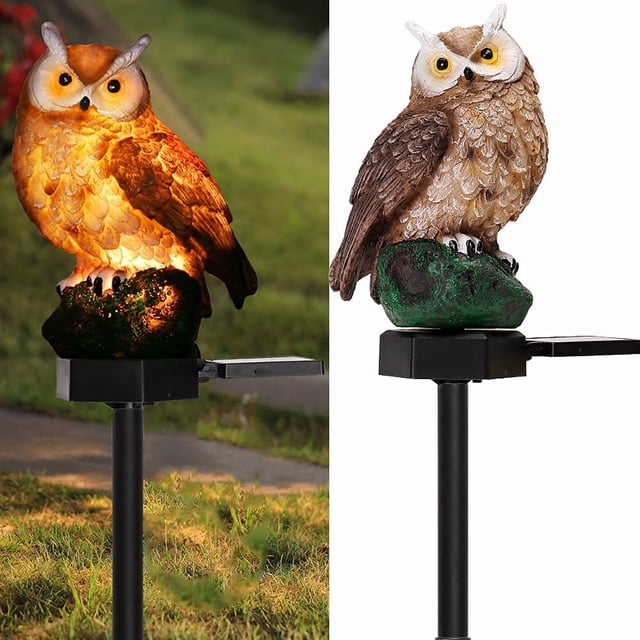 Luces solares para jardín, decoración al aire libre, búho de resina, luces LED solares para jardín, impermeables, ahorro de energía, forma de búho con estaca para jardín, césped, arte de patio,