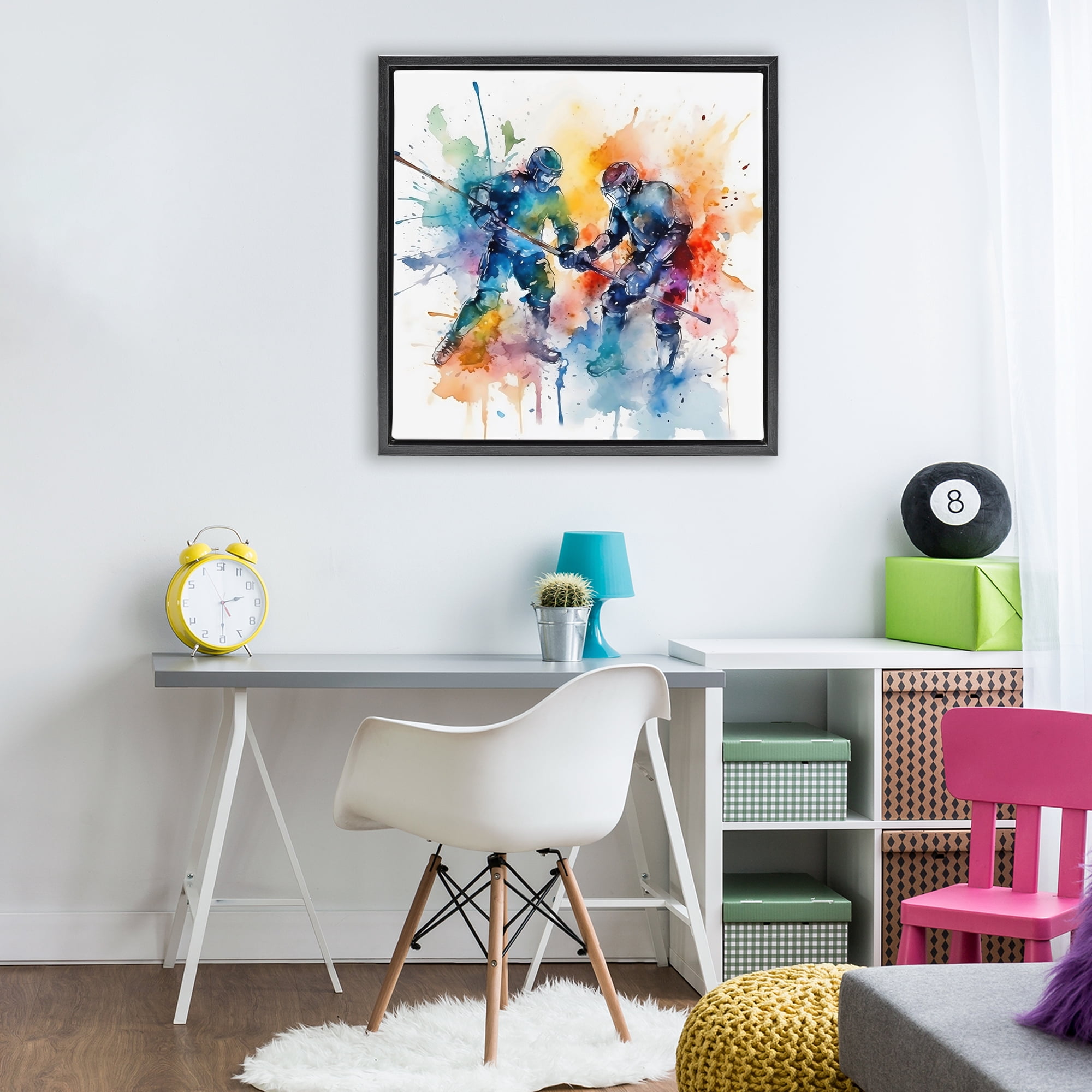 Stupell Industries Watercolor Hockey Faceoff Black Framed Floater Canvas Wall Art, design by Creative Studio