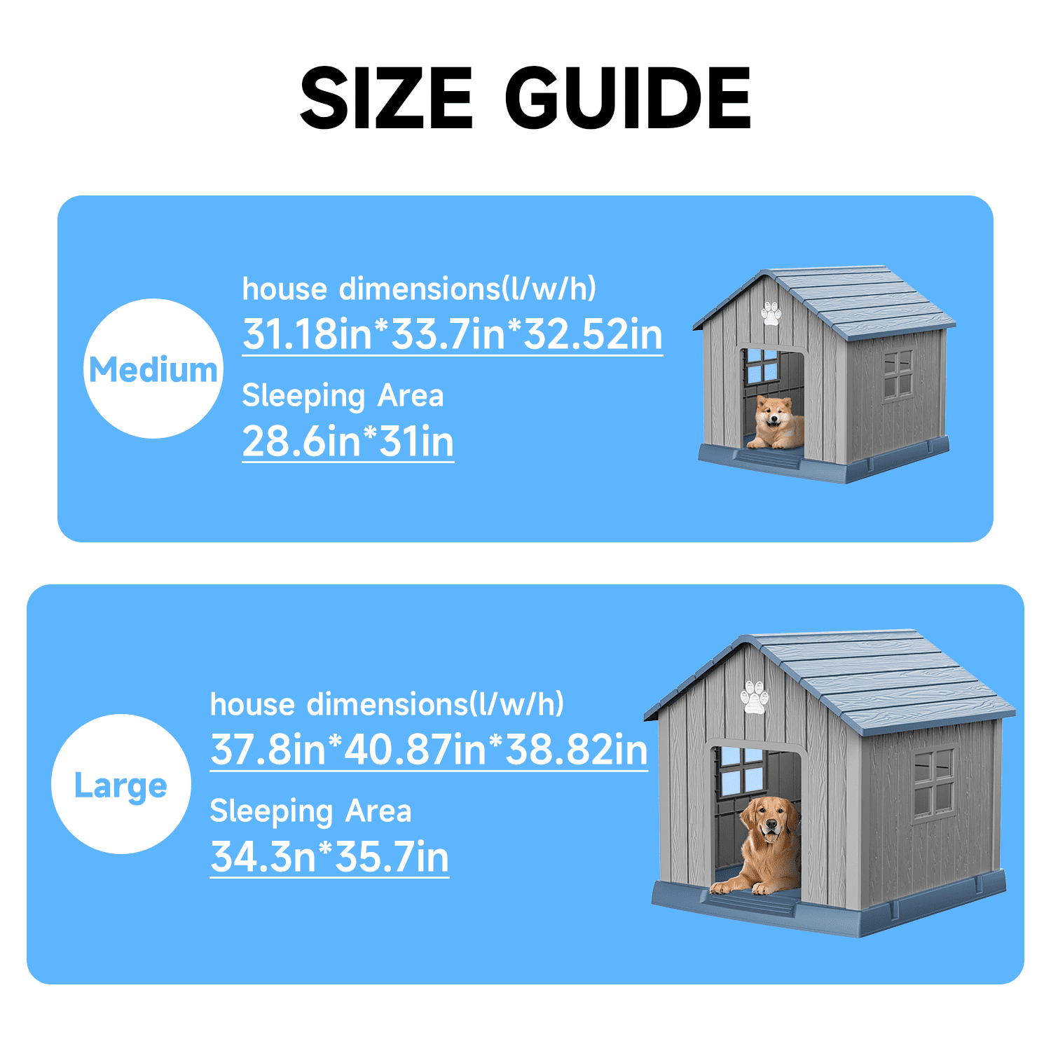 fazzn Durable Waterproof Resin Dog House for Small to Large Sized Dogs, Indoor Outdoor Doghouse Puppy Shelter with Elevated Floor, Easy to Assemble .Blue/Brown