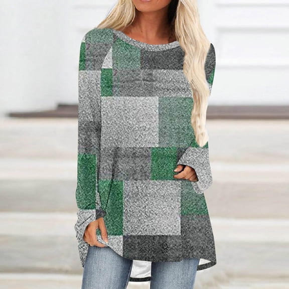EQWLJWE Plus Size Shirts for Women 2024 Spring New Geometrary Patchwork Print Crewneck Tee Shirt Long Sleeve Blouse Pullover Tunic Tops for Leggings Jeans Green(S-5Xl)