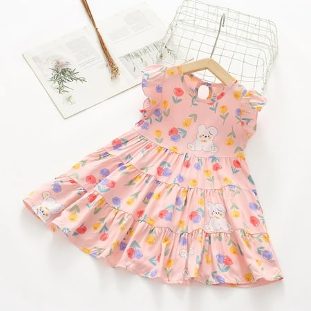 

WHLBF Toddler Kids Baby Girls Dress Cute Flying Sleeve Sweet Flower Print Ruffle Dress Watermelon Red 7-8Years(7-8Years)