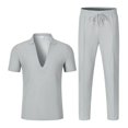 thumbnail image 6 of 2 Piece Waffle Textured Matching Suit for Men Deep V Lapel Polo Shirt Drawstring Waist Straight Leg Pants Wrinkle Resistant Casual Outfit for Weekend Resort Travel Gray S, 6 of 6