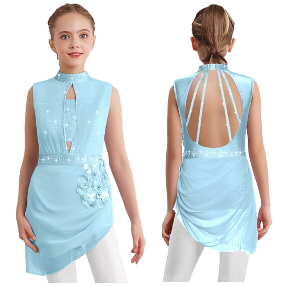 iixpin Kids Girls Rhinestone Applique Sleeveless Figure Ice Skating Dress Modern Lyrical Ballet Dance Outfits Light Blue 10