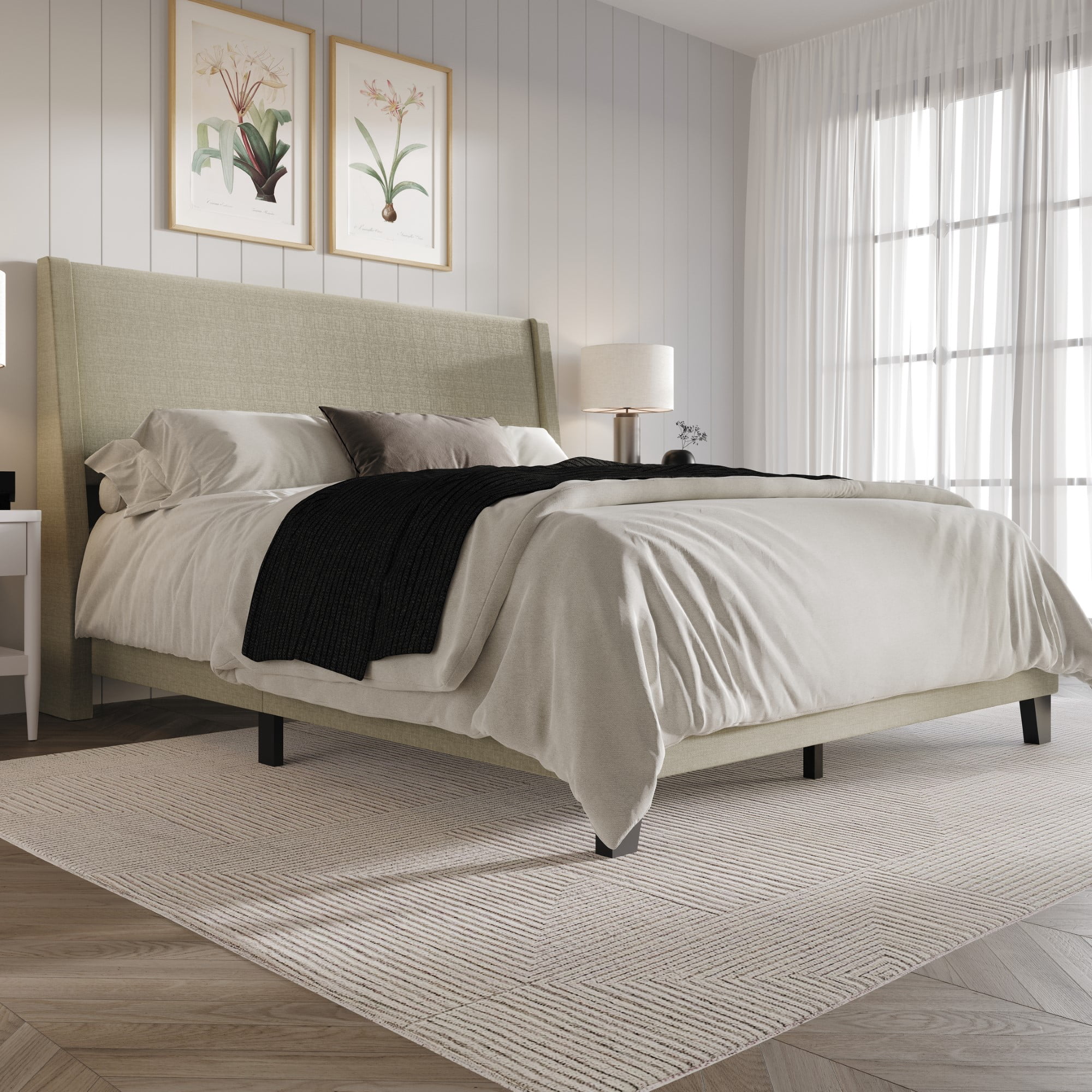 Home Design Sidney Full Upholstered Panel Bed with Durable Engineered Wood and Recycled Materials, Dark Beige, Easy Assembly