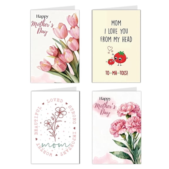 PMHZI Mother's Day Card Set of 4 Extra Large Cards with Envelopes & Stickers – Floral Funny Inspirational Designs for Mom