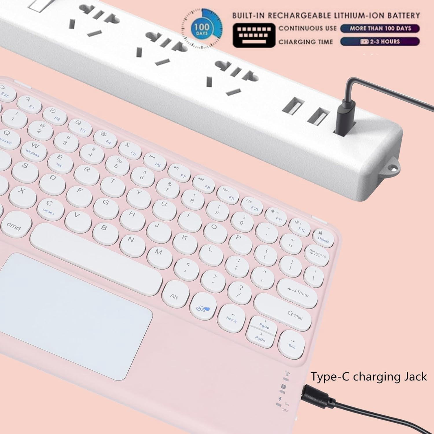 Portable Wireless Bluetooth Keyboard with Touchpad, Ultra-Thin Rechargeable Bluetooth Keyboard Mini with trackpad Round Key for iPad pro/iPad/iOS/Android (Pink)