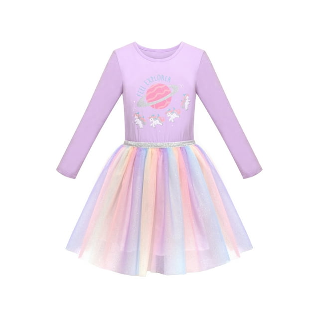 Unicorn Vestido para Niña Carrusel Color Arcoíris Falda de Tul Brillante Manga Larga 4 Años