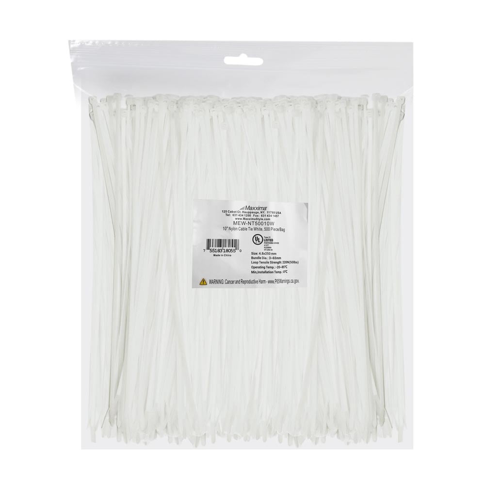 Maxxima 10 Inch Nylon Heavy Duty, Ultra Strong, Multipurpose Cable Zip Ties 500 Pack, White