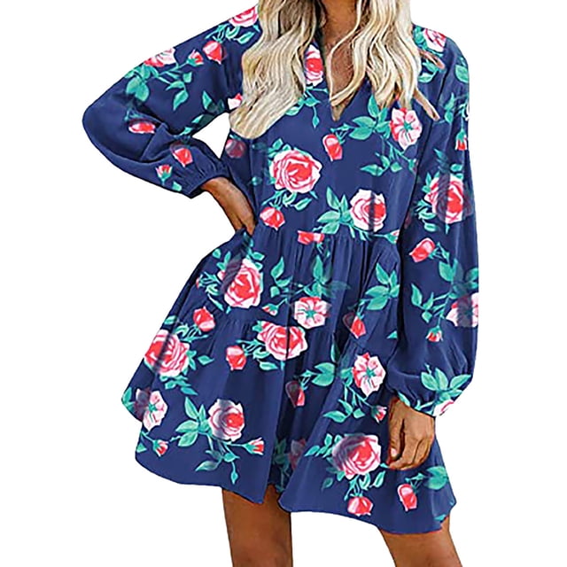 Pompotops Robe d'Été Décontractée pour Femmes Col en V Imprimé Floral Manches Longues Longueur Genou