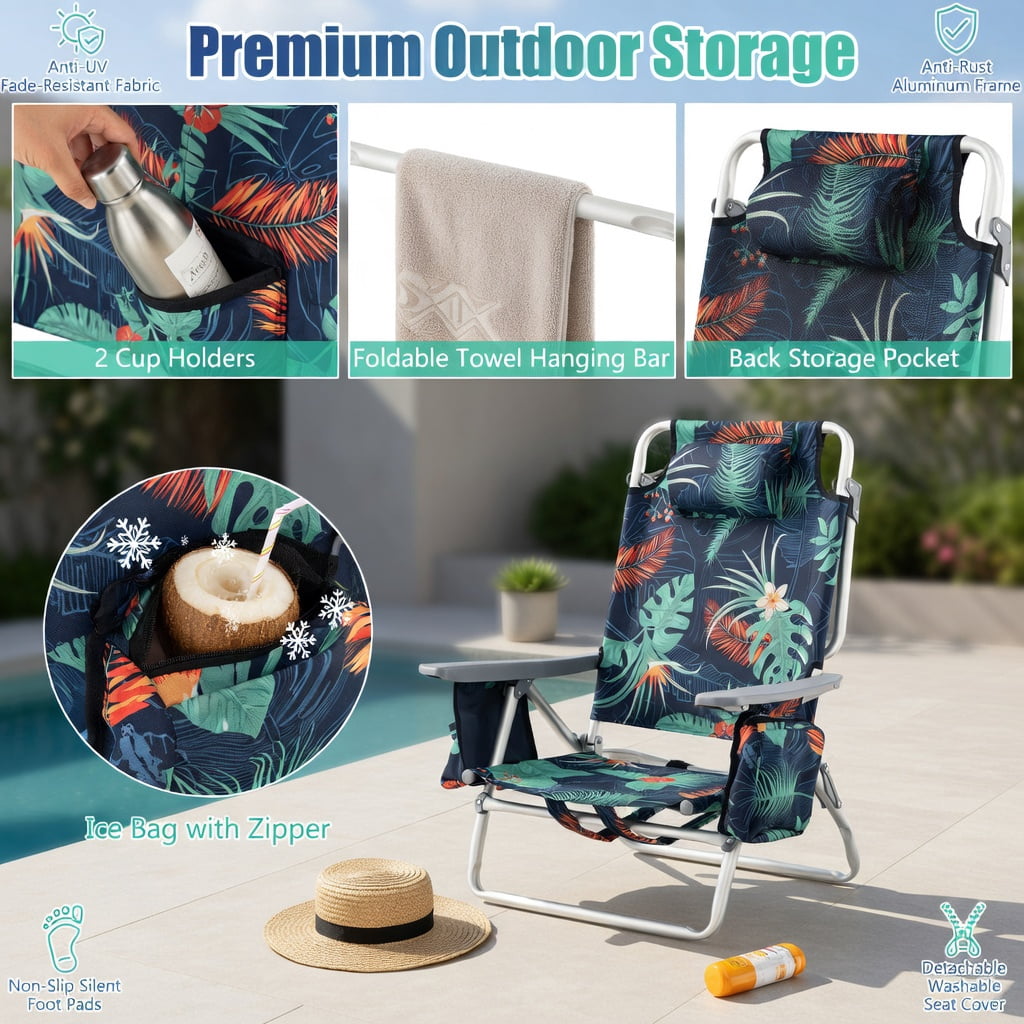 Hommoo 2-Pack Foldable Beach Chair with Adjustable Backrest, Head Pillow & Carry Bag, Multicolor