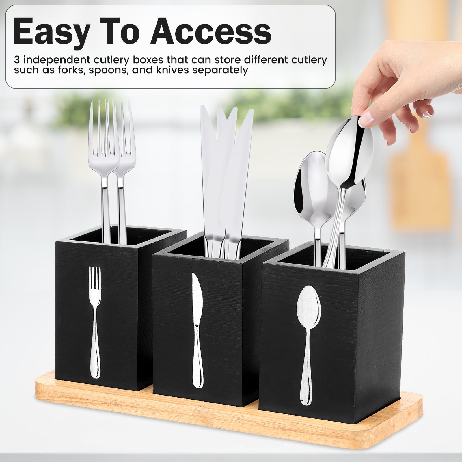 Tzdxfgl Wood Utensil Holder for Kitchen Counter, 3 Compartments Silverware Organizer Caddy, Black
