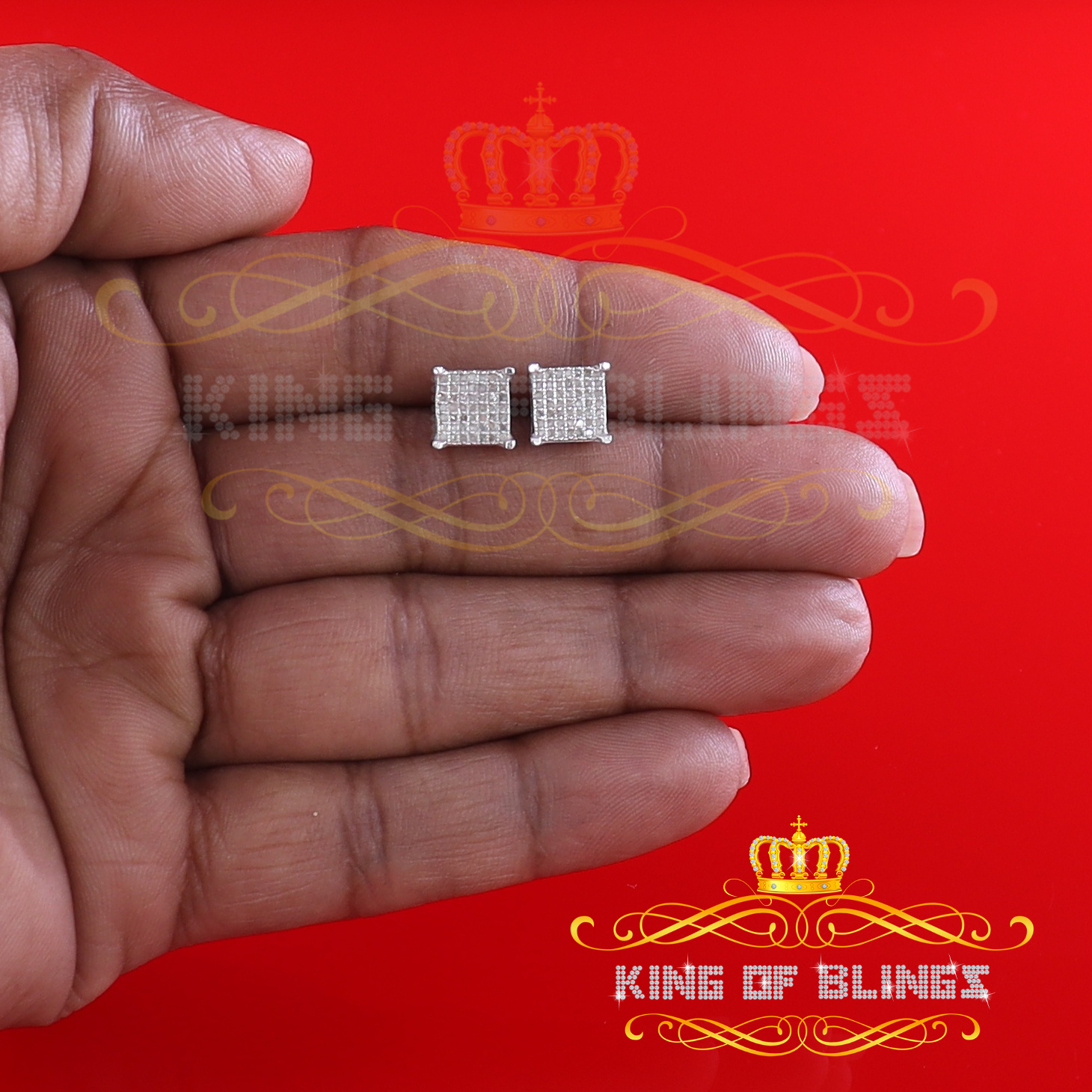 King of Bling's 925 White Silver 0.25ct Square Real Genuine Diamond Stud Men's Fashion Earrings