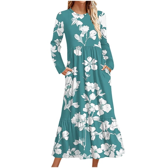 Cavosen Trendy Dresses for Women Blue Long Sleeve Maxi Dress Smocked Tiered Crew Neck Ankle Length Long Dress Floral Print Classic Casual Dress with Pocket Fall Winter Clothes S