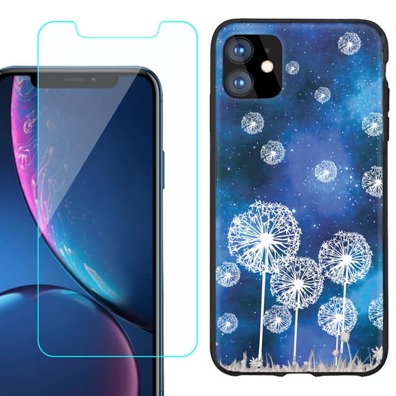 For Apple iPhone 11 Phone Case , Slim-Fit TPU Protective Case (Black), with Tempered Glass Screen Protector, by OneToughShield ® - Dandelion Stars
