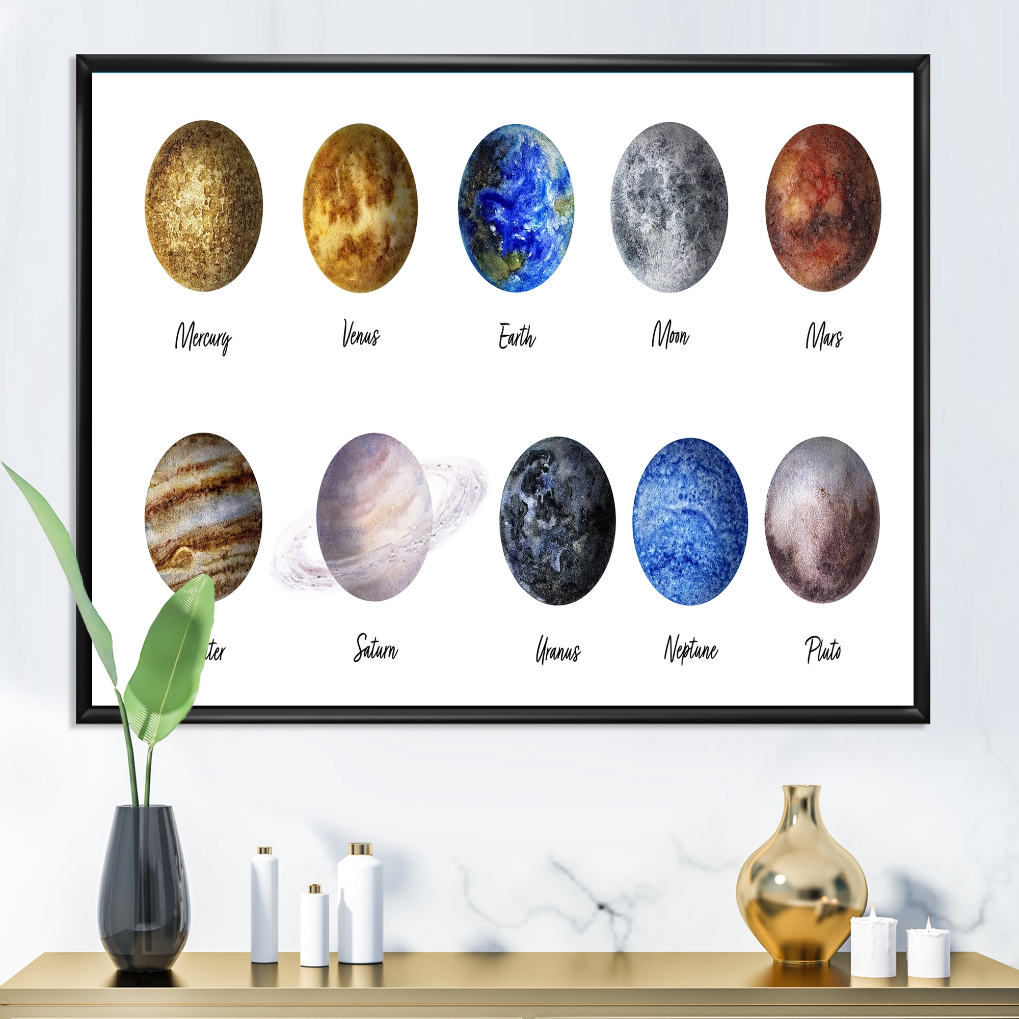 Designart 'All Planets United On White' Modern Framed Canvas Wall Art Print
